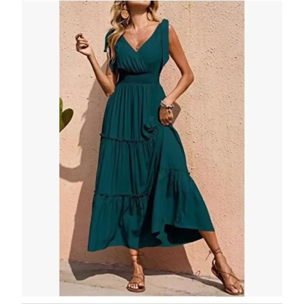 PRETTYGARDEN Women's Cross Neck Sleeveless Tiered Maxi Dress Beach Tie Strap siz